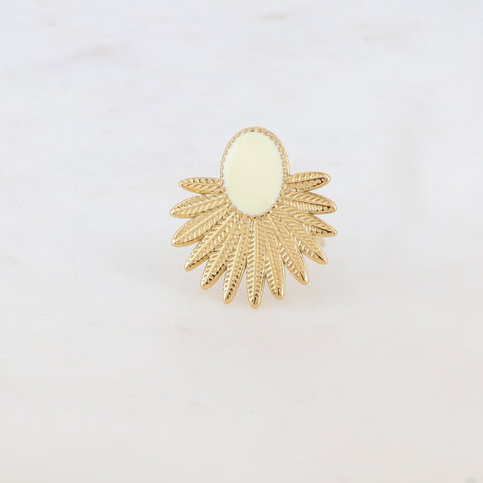 Bague avec feuillage et pièce ovale émaillée - Blanc