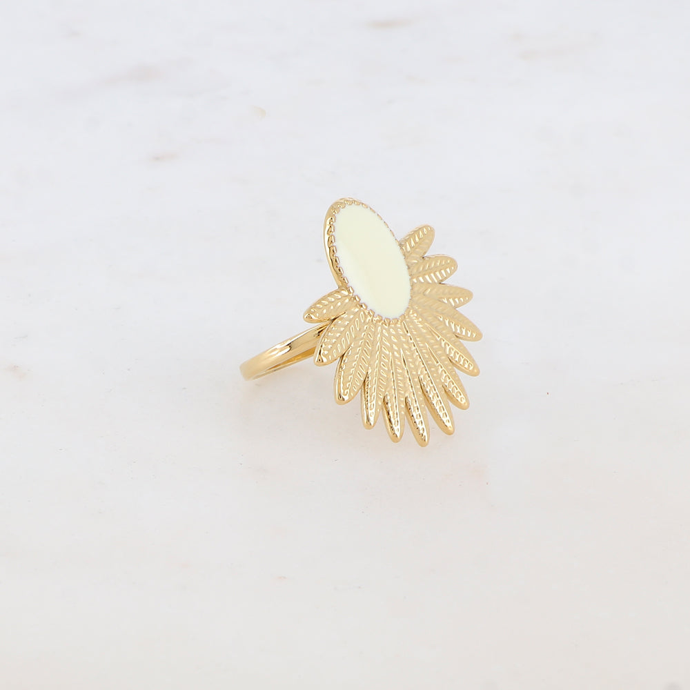 Bague avec feuillage et pièce ovale émaillée - Blanc