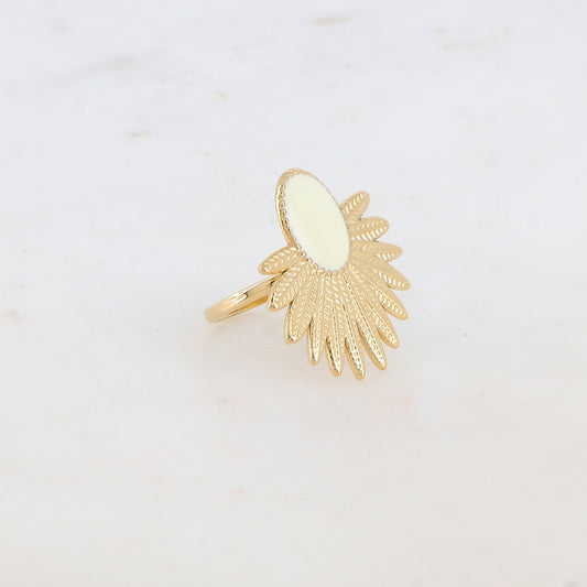 Bague avec feuillage et pièce ovale émaillée - Blanc
