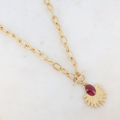 Collier en maille avec pièce ovale émaillée et feuillage (45+5CM)