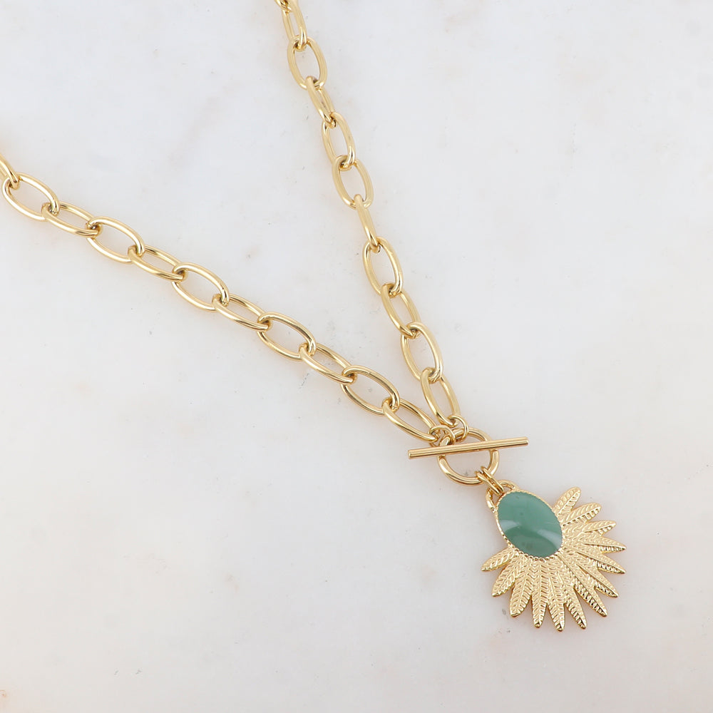 Collier en maille avec pièce ovale émaillée et feuillage (45+5CM)