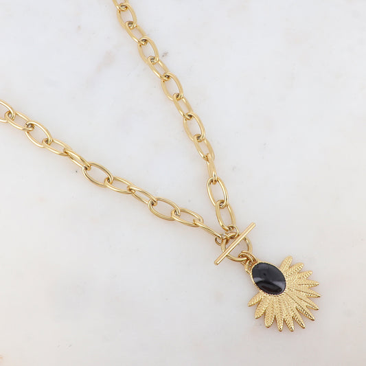 Collier en maille avec pièce ovale émaillée et feuillage (45+5CM)