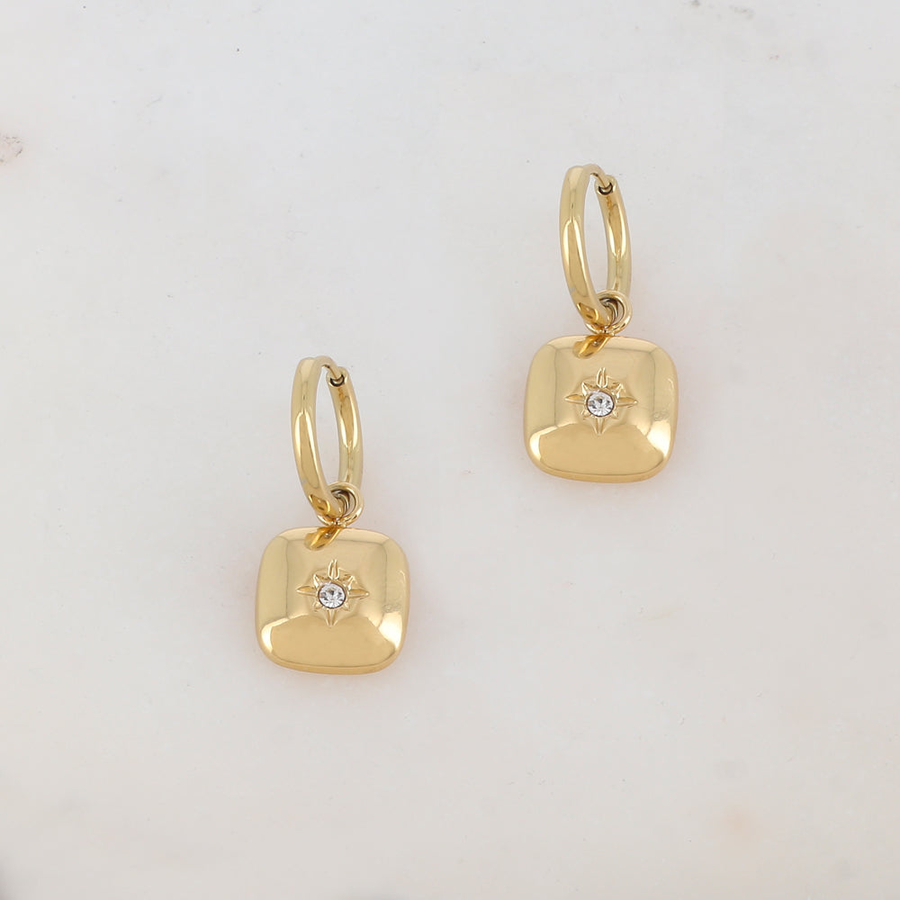 Créoles avec pièce carrée, étoile et strass 1,2 x 2,7 CM.