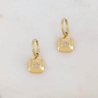 Créoles avec pièce carrée, étoile et strass 1,2 x 2,7 CM.