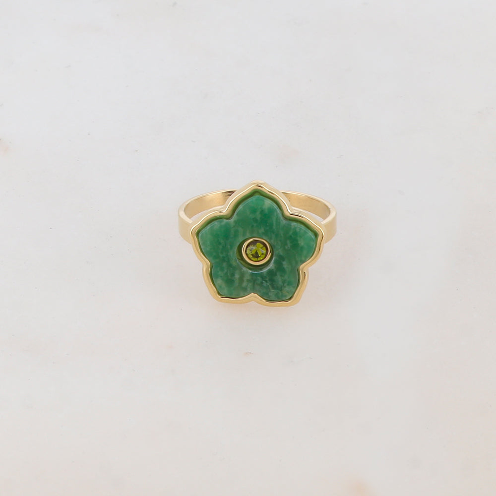 Bague avec fleur en pierre naturelle, strass - Aventurine