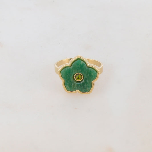 Bague avec fleur en pierre naturelle, strass - Aventurine