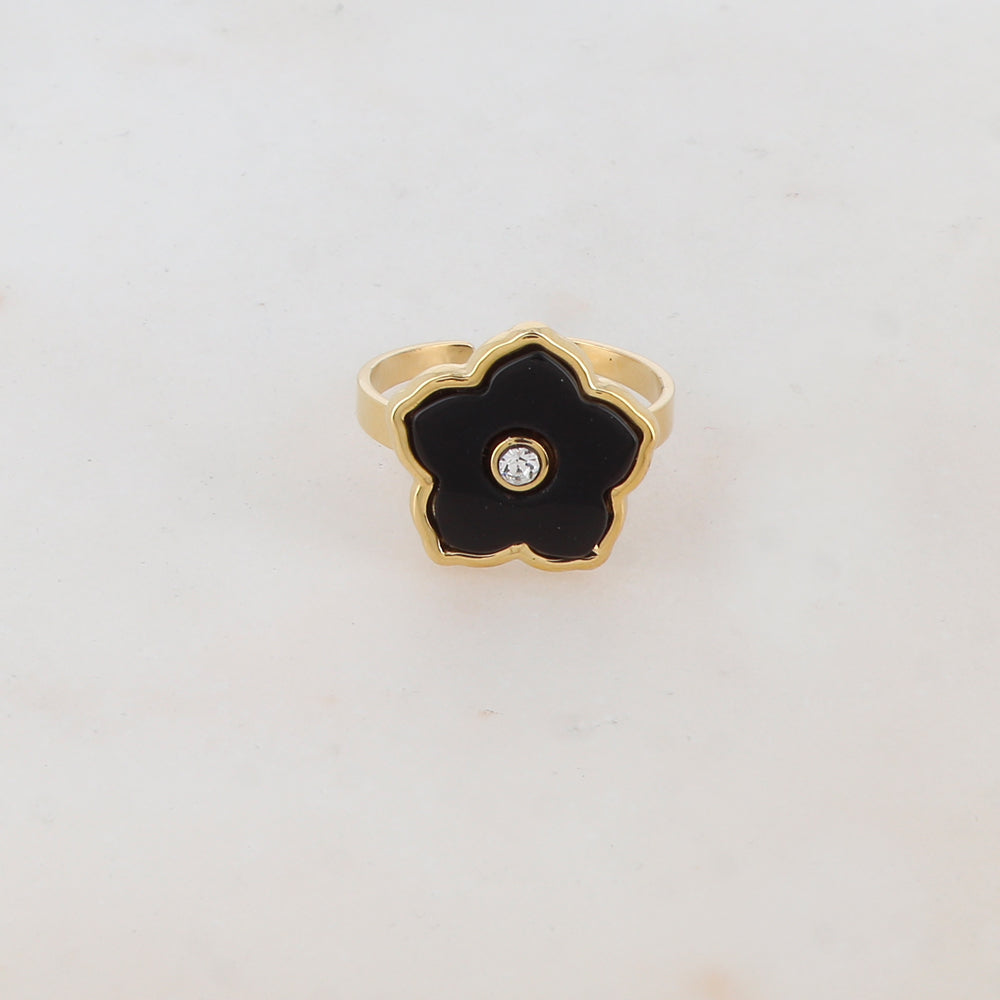 Bague avec fleur en pierre naturelle, strass - Onyx