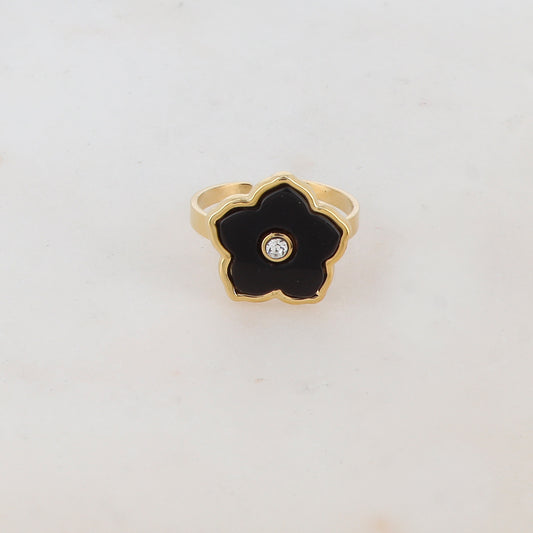 Bague avec fleur en pierre naturelle, strass - Onyx