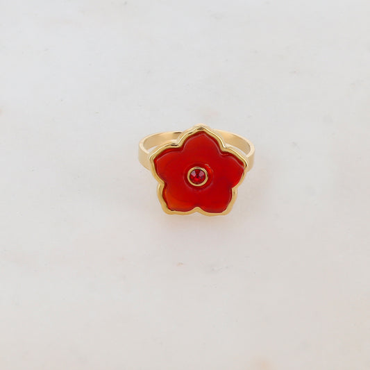 Bague avec fleur en pierre naturelle, strass - Cornaline