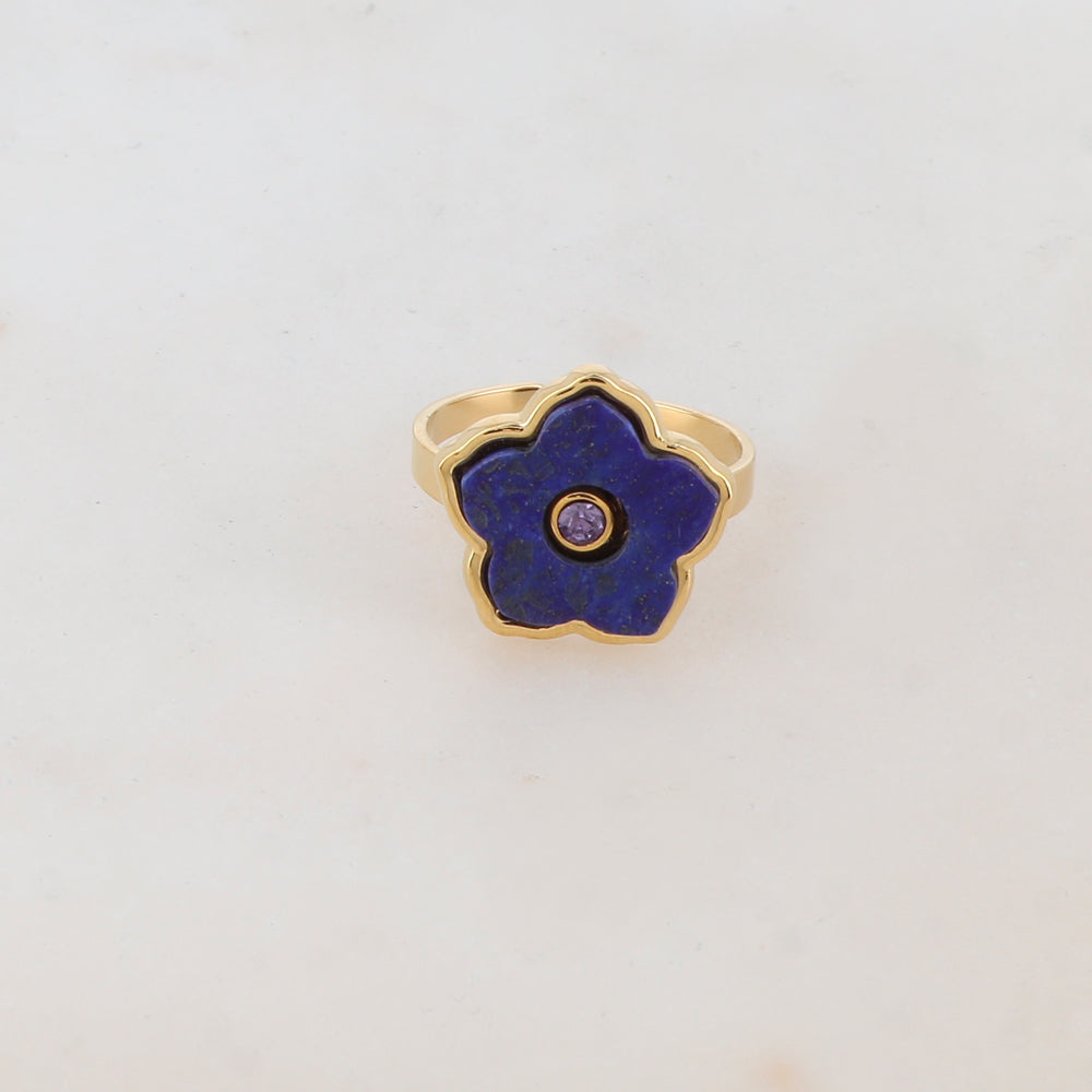Bague avec fleur en pierre naturelle, strass - Lapis lazulite