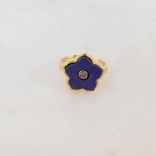 Bague avec fleur en pierre naturelle, strass - Lapis lazulite