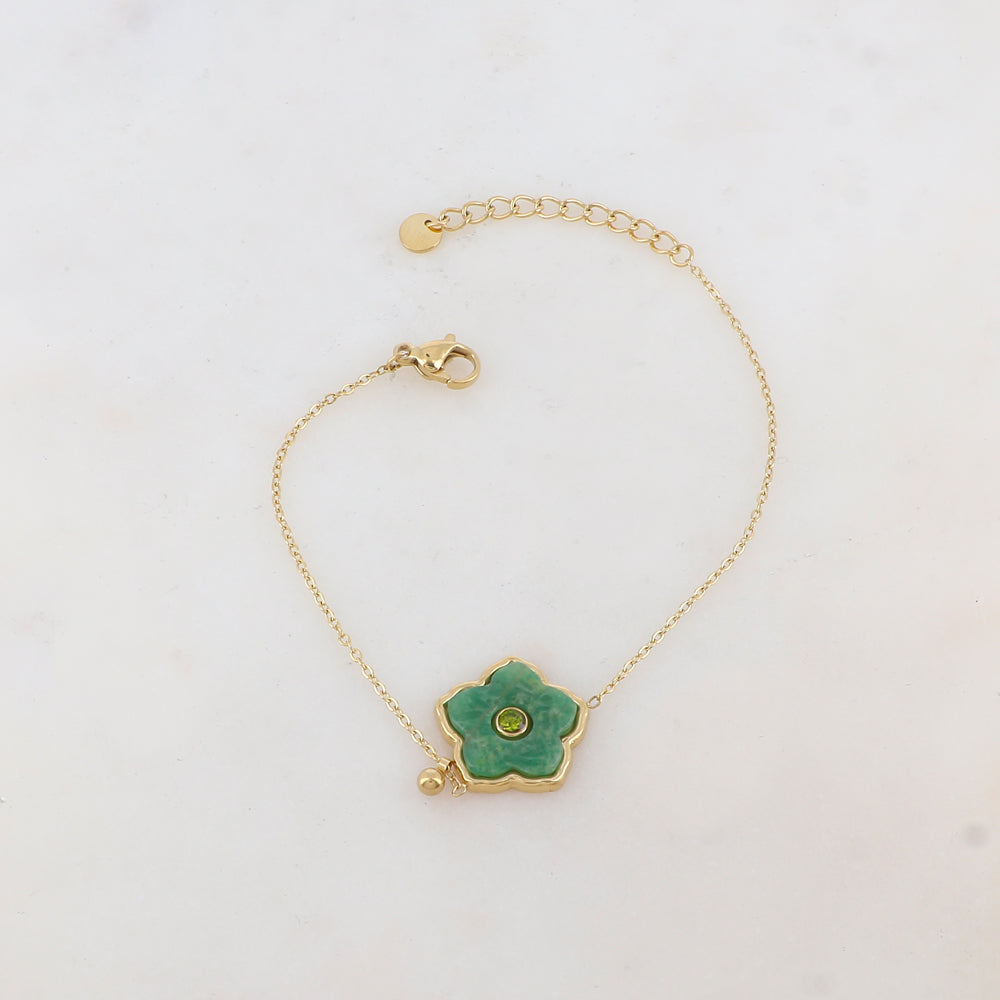 Bracelet avec petite boule, fleur en pierre naturelle, strass