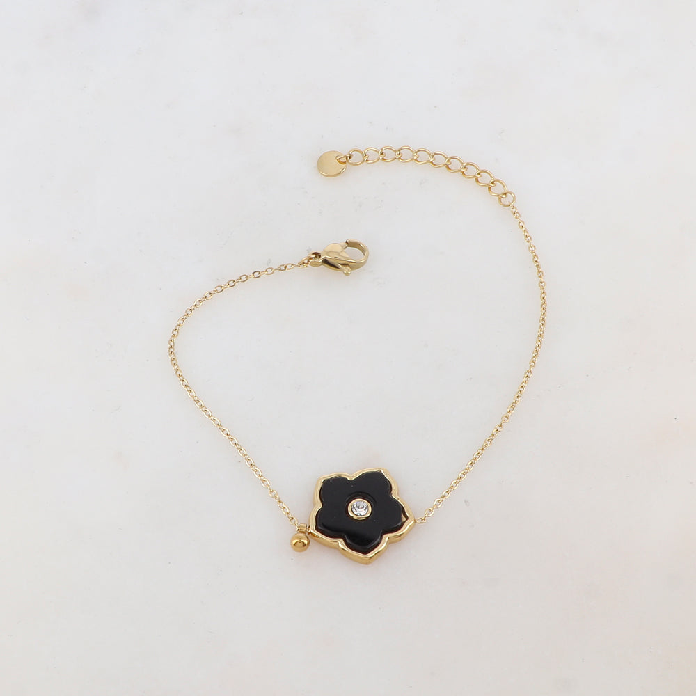 Bracelet avec petite boule, fleur en pierre naturelle, strass