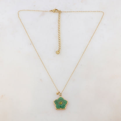 Collier avec petite boule, fleur en pierre naturelle, strass (39+7CM)