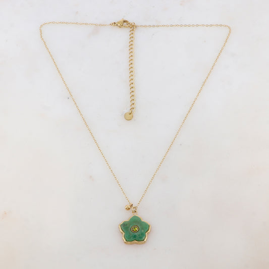 Collier avec petite boule, fleur en pierre naturelle, strass (39+7CM)