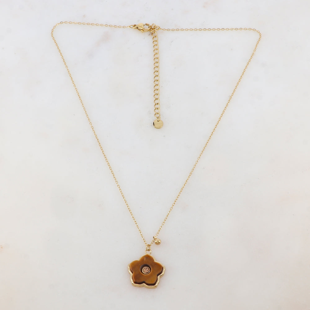 Collier avec petite boule, fleur en pierre naturelle, strass (39+7CM)