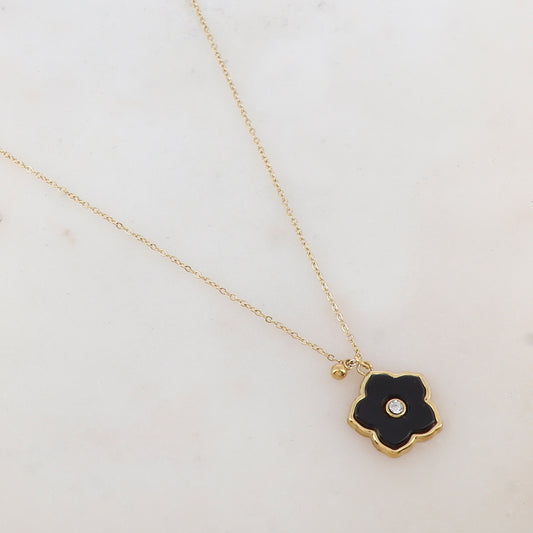 Collier avec petite boule, fleur en pierre naturelle, strass (39+7CM)