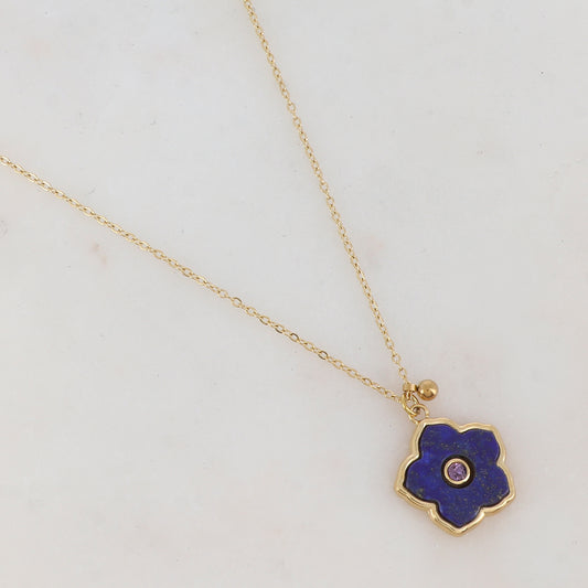 Collier avec petite boule, fleur en pierre naturelle, strass (39+7CM)