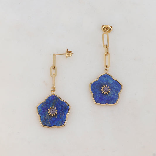 B.O à puce avec maille, fleur en pierre naturelle, strass 2 x 4,5 CM.