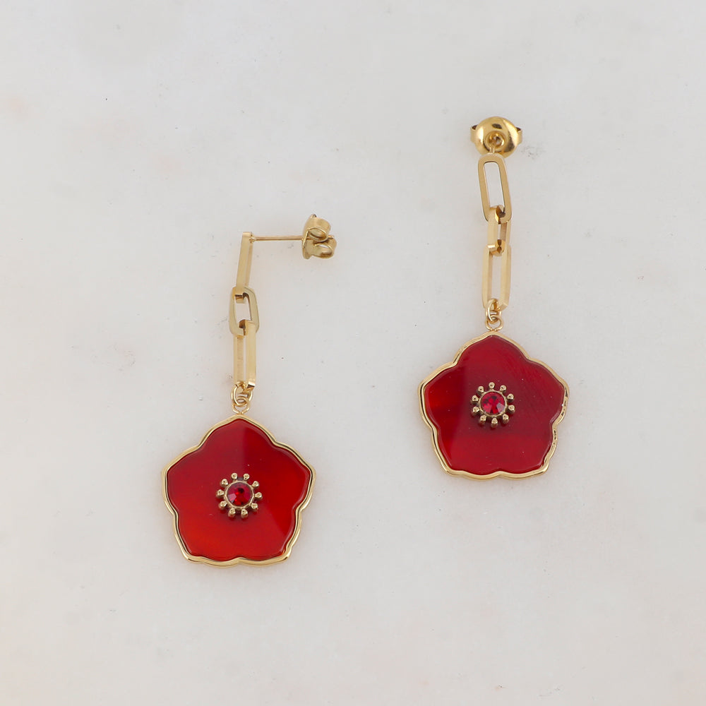 B.O à puce avec maille, fleur en pierre naturelle, strass 2 x 4,5 CM.