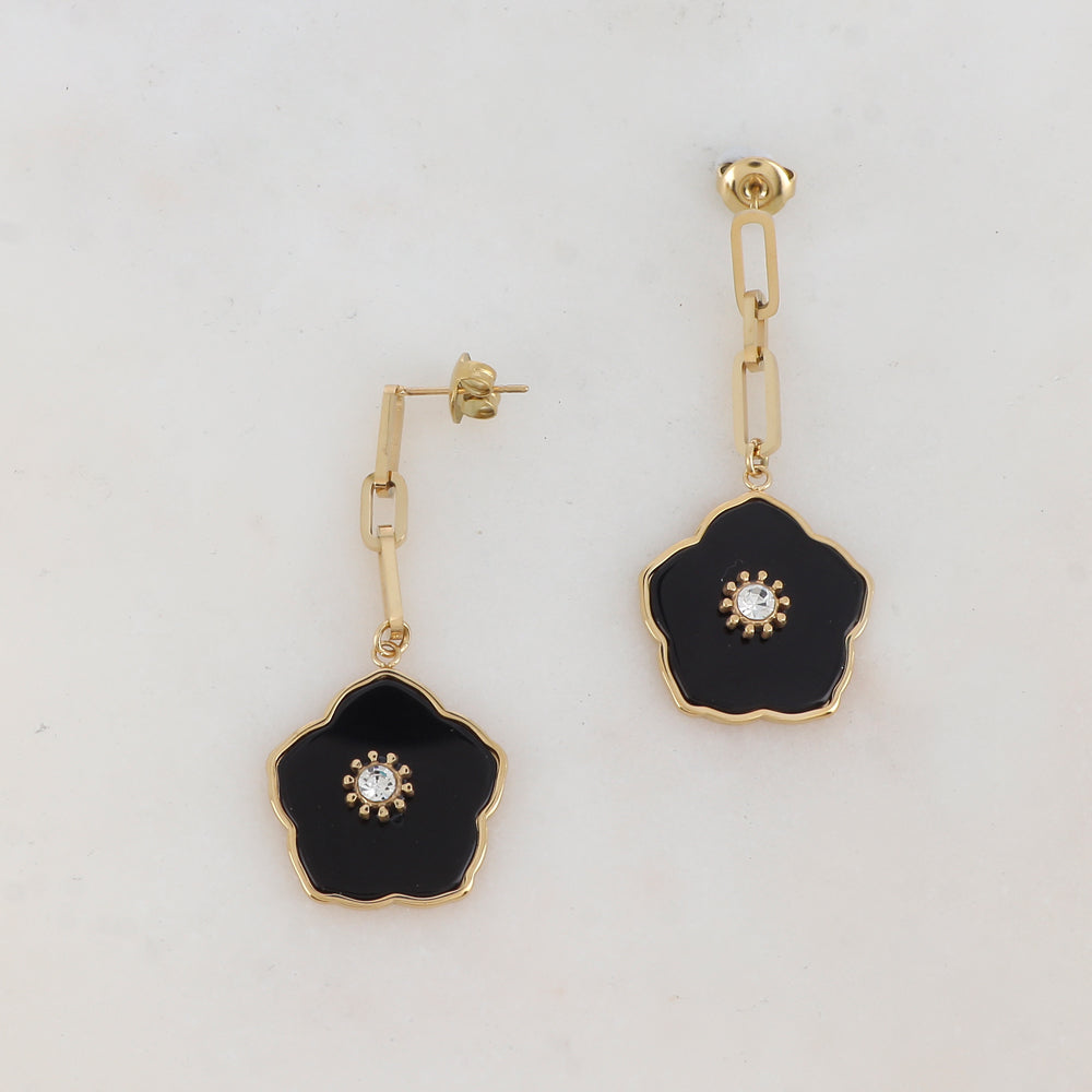 B.O à puce avec maille, fleur en pierre naturelle, strass 2 x 4,5 CM.