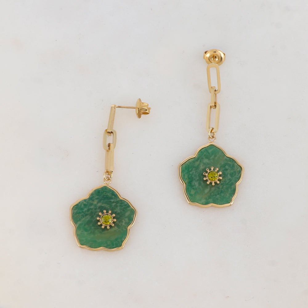 B.O à puce avec maille, fleur en pierre naturelle, strass 2 x 4,5 CM.