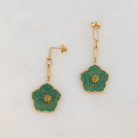 B.O à puce avec maille, fleur en pierre naturelle, strass 2 x 4,5 CM.