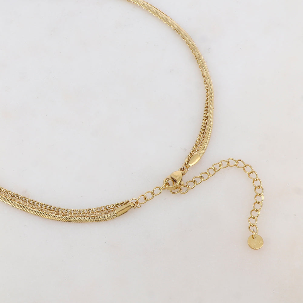 Collier 3 rangs avec maille, pendentif fleur en nacre, strass (38/44/50+7CM)
