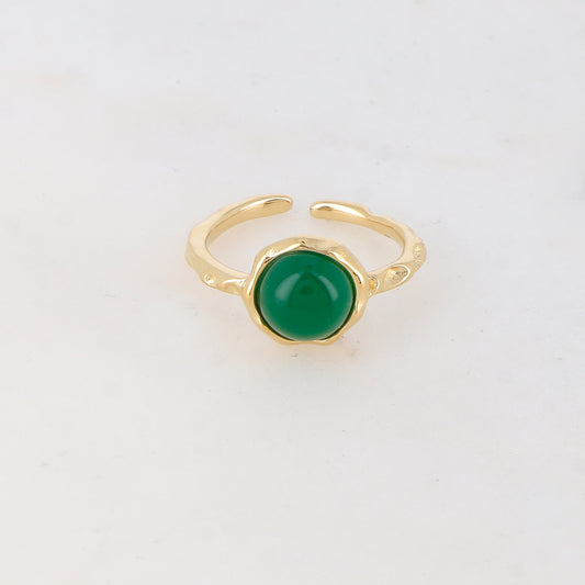Bague fine avec pièce ronde sertie d'une pierre naturelle - Jade vert