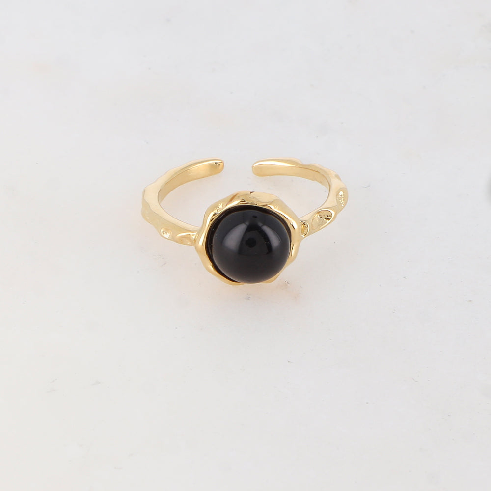 Bague fine avec pièce ronde sertie d'une pierre naturelle - Onyx