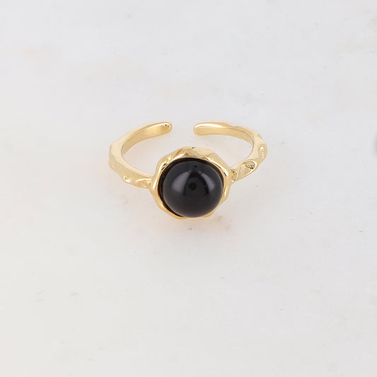 Bague fine avec pièce ronde sertie d'une pierre naturelle - Onyx