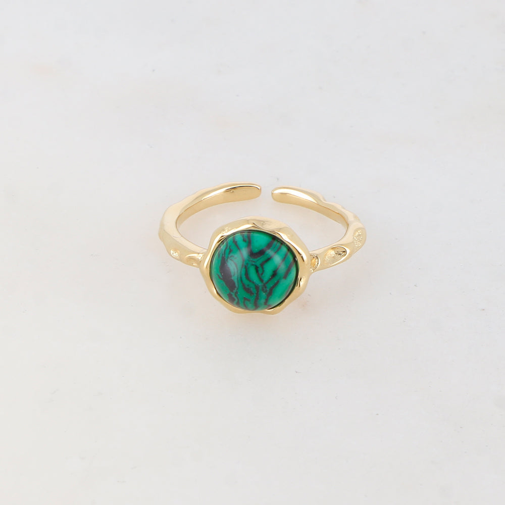 Bague fine avec pièce ronde sertie d'une pierre naturelle - Malachite