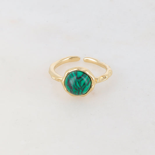 Bague fine avec pièce ronde sertie d'une pierre naturelle - Malachite