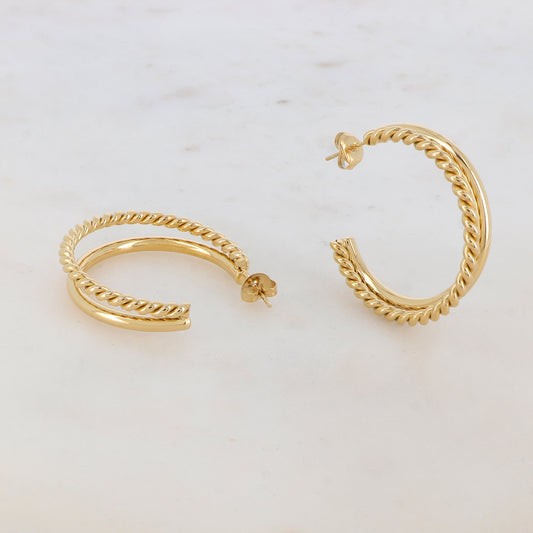 Créoles à puce 2 rangs : torsadée et lisse 3,5 cm