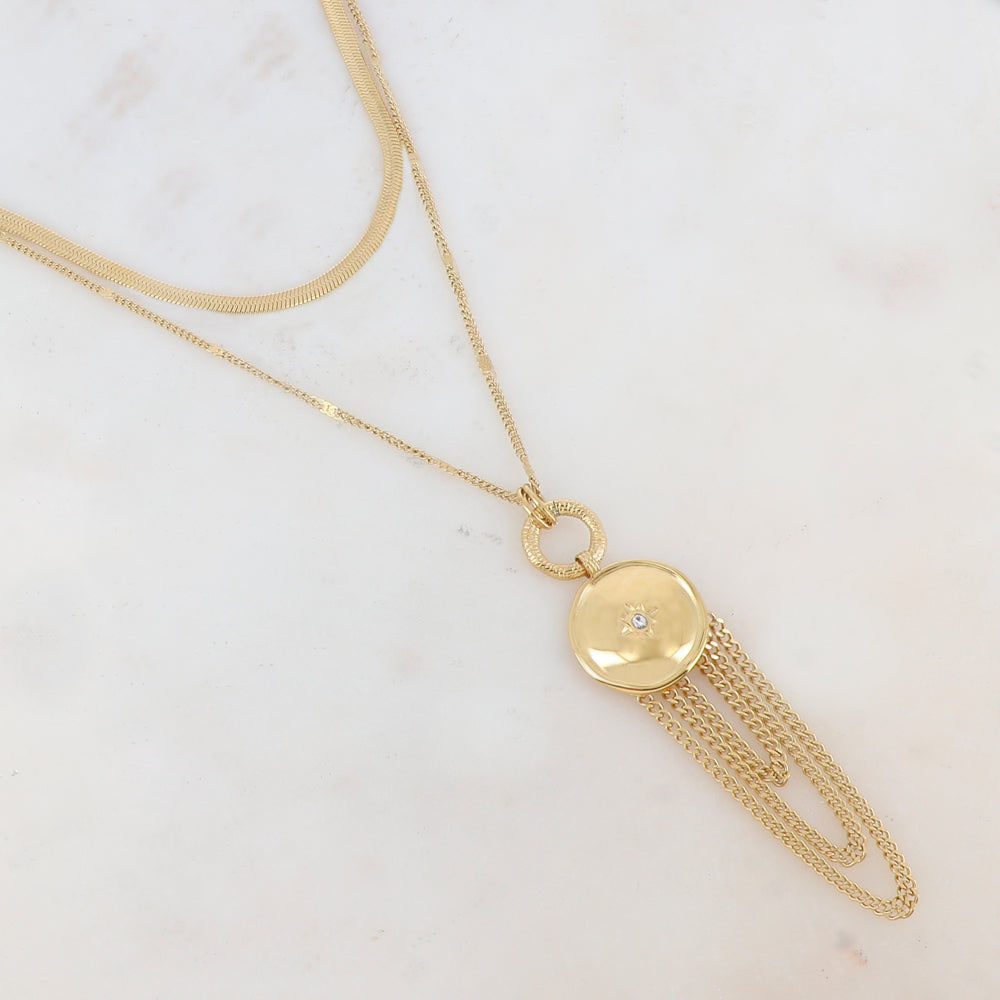 Collier 2 rangs avec maille miroir, anneau, pendentif rond, étoile, strass, chaînes (40/48+7CM)