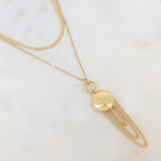 Collier 2 rangs avec maille miroir, anneau, pendentif rond, étoile, strass, chaînes (40/48+7CM)