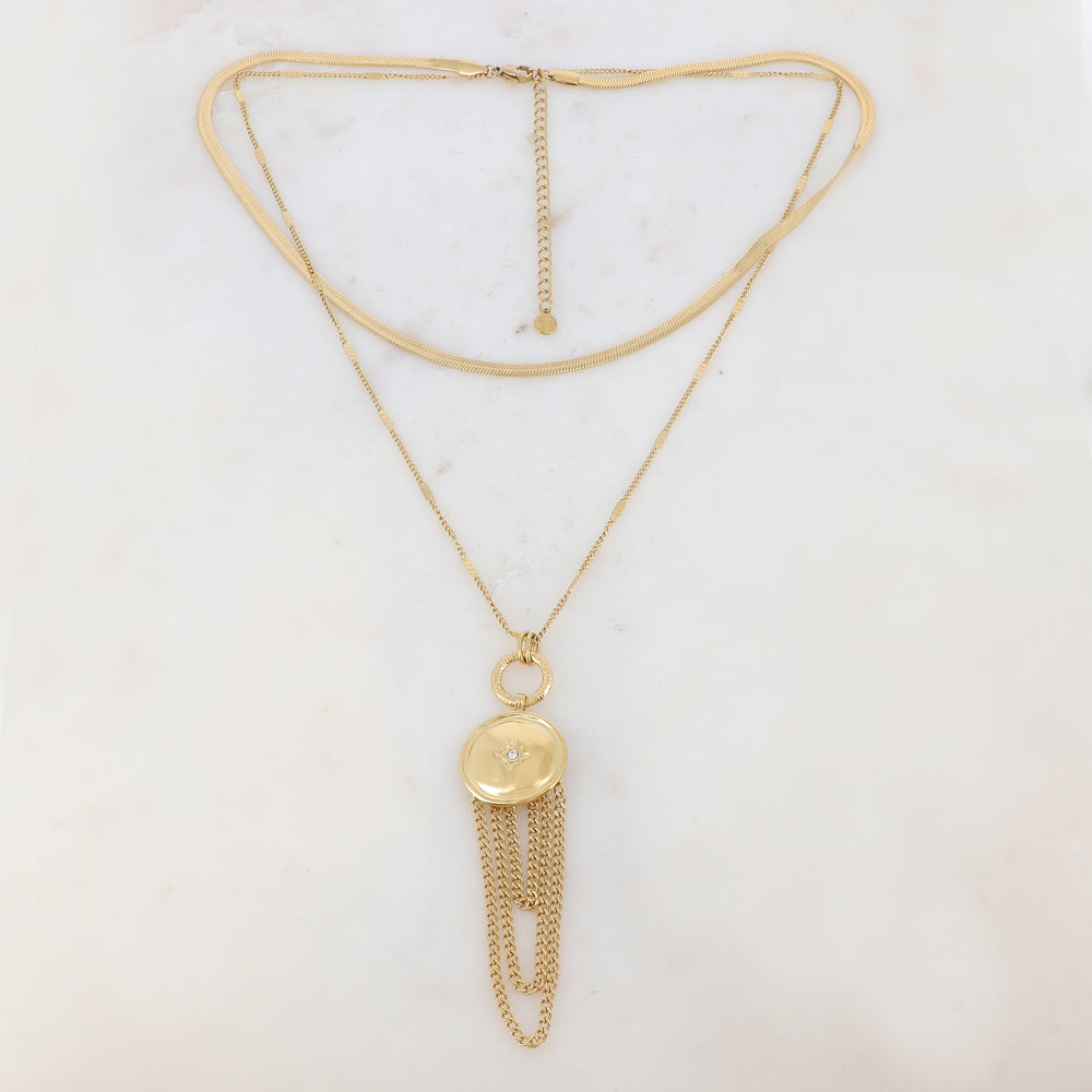 Collier 2 rangs avec maille miroir, anneau, pendentif rond, étoile, strass, chaînes (40/48+7CM)