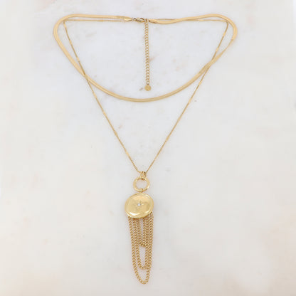 Collier 2 rangs avec maille miroir, anneau, pendentif rond, étoile, strass, chaînes (40/48+7CM)