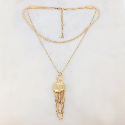 Collier 2 rangs avec maille miroir, anneau, pendentif rond, étoile, strass, chaînes (40/48+7CM)