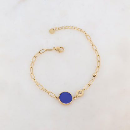 Bracelet en maille avec pièce ronde émaillée, strass, étoile et petite boule
