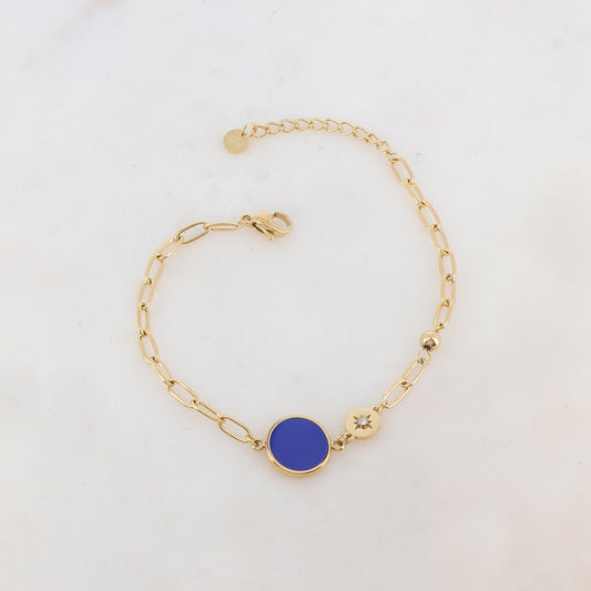 Bracelet en maille avec pièce ronde émaillée, strass, étoile et petite boule