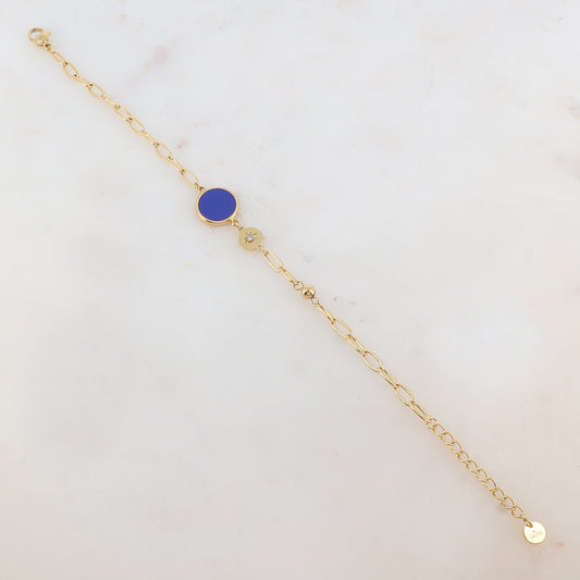 Bracelet en maille avec pièce ronde émaillée, strass, étoile et petite boule