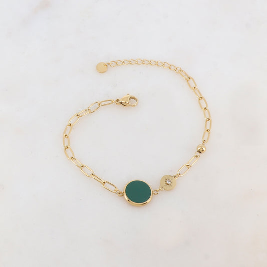 Bracelet en maille avec pièce ronde émaillée, strass, étoile et petite boule