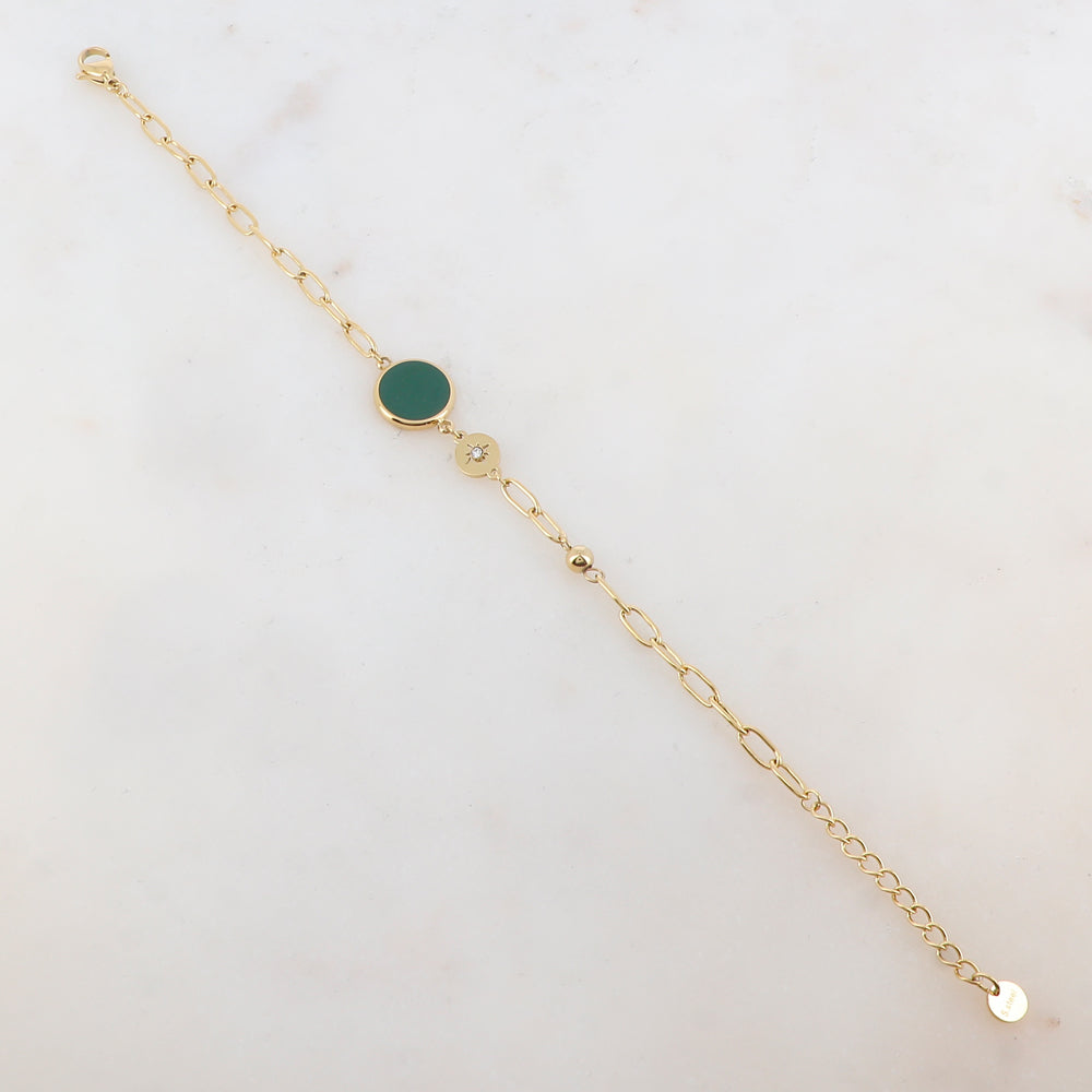 Bracelet en maille avec pièce ronde émaillée, strass, étoile et petite boule