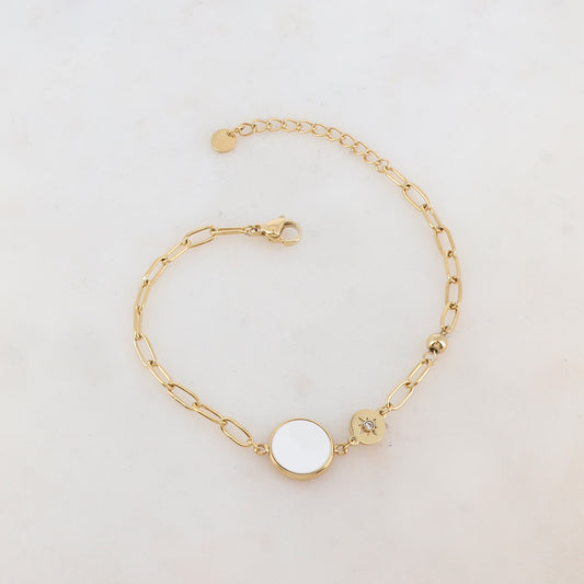 Bracelet en maille avec pièce ronde émaillée, strass, étoile et petite boule