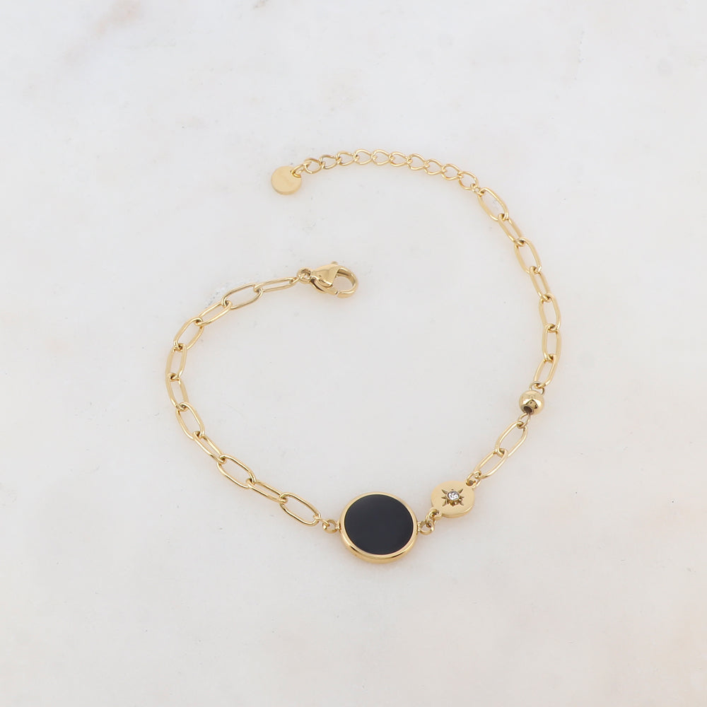 Bracelet en maille avec pièce ronde émaillée, strass, étoile et petite boule