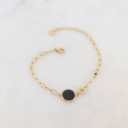 Bracelet en maille avec pièce ronde émaillée, strass, étoile et petite boule
