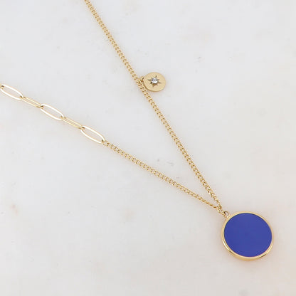 Collier en maille avec pendentif rond émaillé noir, strass, étoile et petite boule 40+5 cm