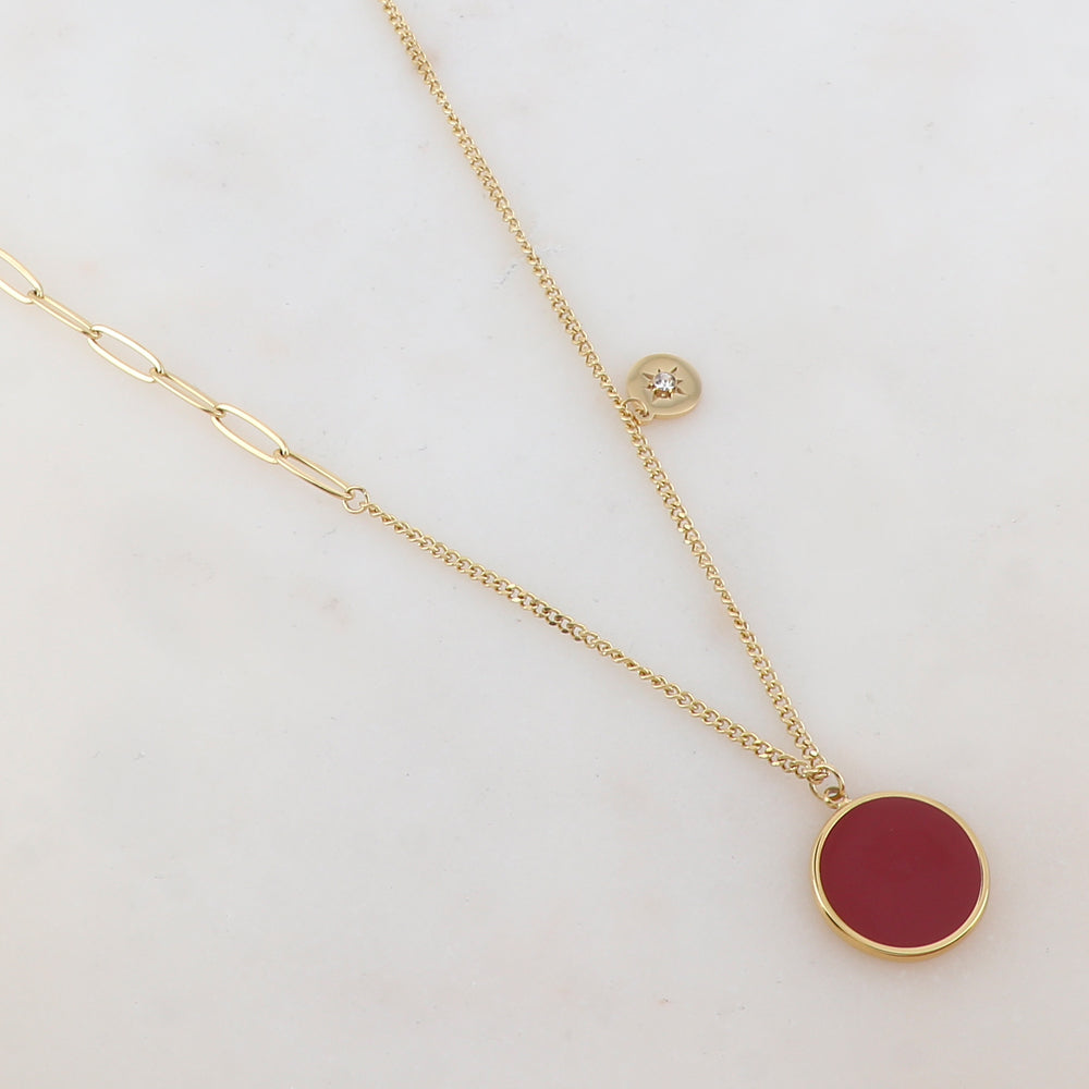 Collier en maille avec pendentif rond émaillé noir, strass, étoile et petite boule 40+5 cm