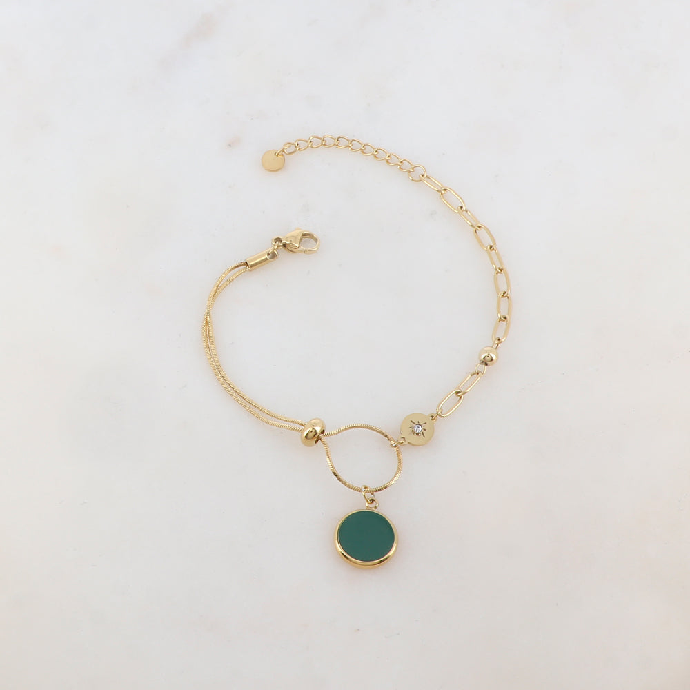 Bracelet en maille avec pièce ronde émaillée, strass, étoile, petite boule et rondelle